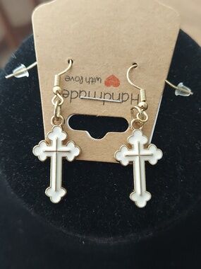 Gold & White Cross Dangle Earrings